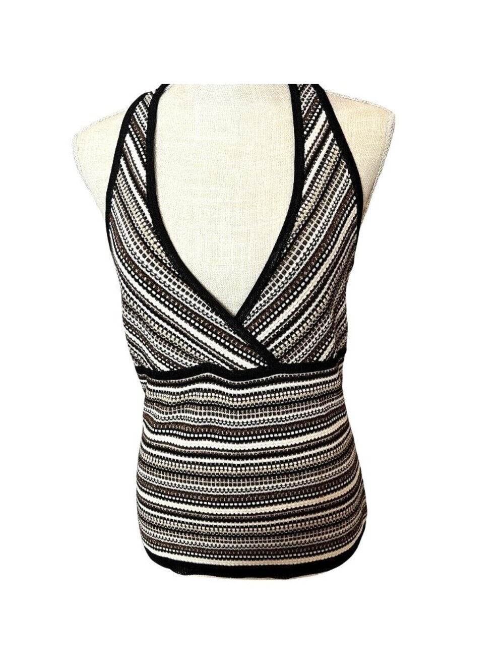 White House Black Market Knit Halter Top Black/White/Brown & Metallic M